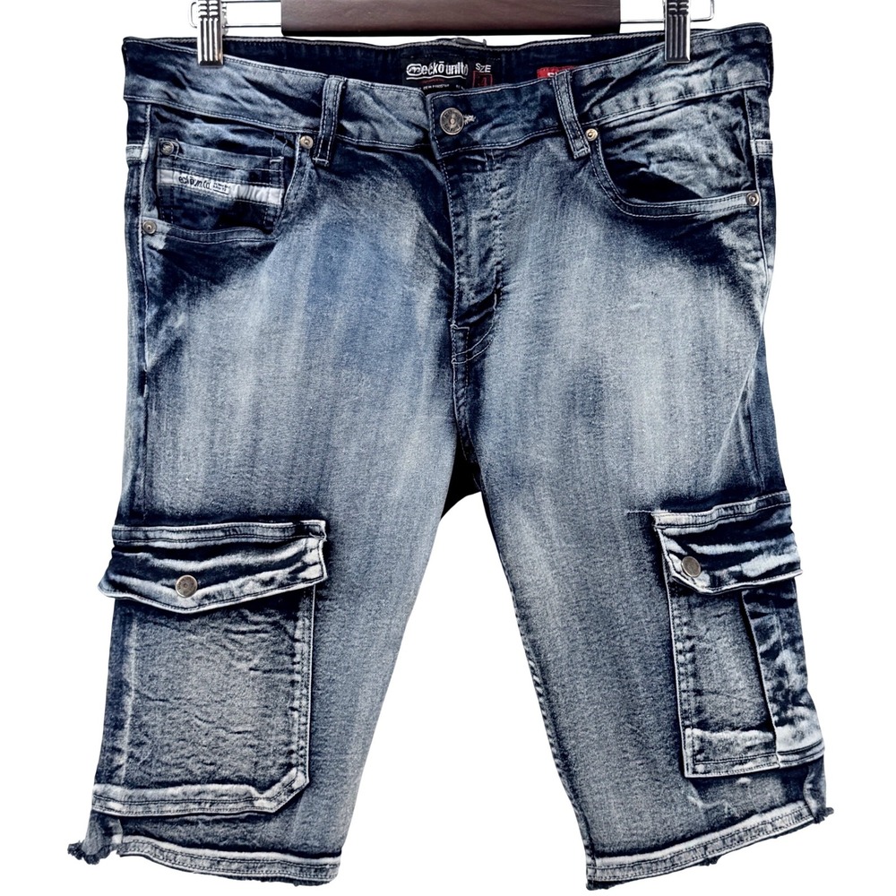 Ecko‎ Unltd Denim Cargo Shorts Mens 34 Blue Acid Wash Skinny Raw Hem Y2K Skater